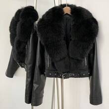 OFTBUY Damen Einfarbige PU-Lederjacke mit Kunstfelleinsatz, lässiger Motorrad-Streetstyle für Herbst/Winter - Ganz in Schwarz - Übersicht 2