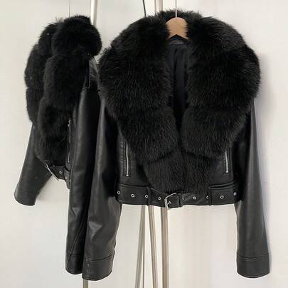 OFTBUY Women's Solid Color PU Leather Jacket With Faux Fur Collar, Casual Autumn/Winter Motorcycle Street Style