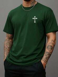 Men's Crew Neck T-Shirt, 100% Cotton, 30.1 Yarn, Comfortable Shirt, Religious Print, Stylish Shirt, Various Colors - xanh quân đội - Xem 3