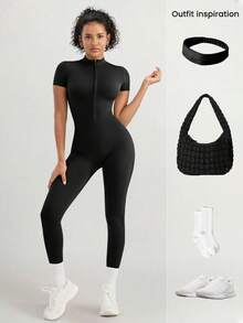 VVX Women's Solid Color Zip Up Half Placket Mock Neck Short Sleeves Sports Skinny Tummy Control Romper, Casual Sport Quick Drying Short Sleeve Bodycon Romper, Gym Clothing - 黑色 - 查看 5