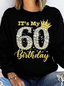 Its My 60th Birthday Crown Rhinestone Sweatshirt Women Black Glitter Gold Birthday Gift For Her 60 Years Old Celebration Party Outfit - 黑色 - 查看 1