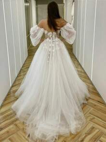 Elegant Sweetheart Long Puff Sleeves Wedding Dress,Off Shoulder V Neck A-Line 3D Applique High Slit Tulle Formal Bride Gowns Women,Registry Office Dresses Bridal Fashion,Evening Party Dress Birthday Party Dress Country Wedding,Romantic Church Ceremony Wedding Dress,Suitable For Wedding,Dating,Party,Singles' Party,Vacation,Formal Occasions,Dinner Dress,Prom Dress,Homecoming Dess,Cocktail Party,Wedding Guest Dress,Graduation - 白色 - 查看 2