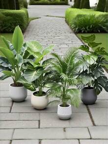 4pcs - Large Artificial Green Plant Palm Tree Set, Includes 48 Big Leaves, Christmas Decor, Modern Wedding Garden Decor; Maintenance-Free Evergreen Prosperity Tree Artificial Plants, Suitable For All Seasons; Suitable For Potted Christmas Trees For Thanksgiving, Halloween And Other Holidays - Multicolor - View 3