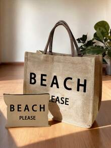 大容量亚麻手提袋，印有“Beach”字母图案，便携式超大购物袋，亚麻手柄手提包，多功能收纳袋，个性化礼品袋，适合旅行、购物、度假、返校、聚会等场合，是母亲节、生日、教师节、周年纪念日、节日等场合的理想礼物。 - 彩色 - 查看 5