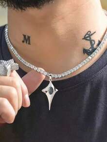 1pc Men's Necklace With Sparkling Chain, Fully Embedded Cubic Zirconia, And Blue Starburst Pendant - Silver - View 1