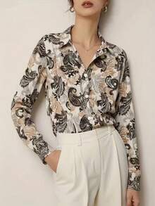 Women's Elegant Long Sleeve Paisley Print Shirt With Lapel Collar And Button Front Design, Suitable For Daily Wear, New Spring/Summer Collection - Multicolor - View 4