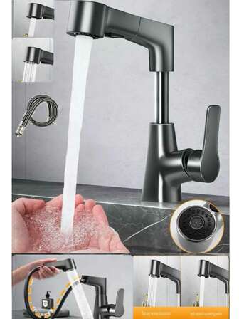 Dos grifos [de acero inoxidable] giratorios y extensibles a 360°, con salidas de agua de acero inoxidable de alto arco en negro y gris, adecuados para cocinas, baños, autocaravanas y casas de campo, y se pueden utilizar tanto para agua caliente como fría.