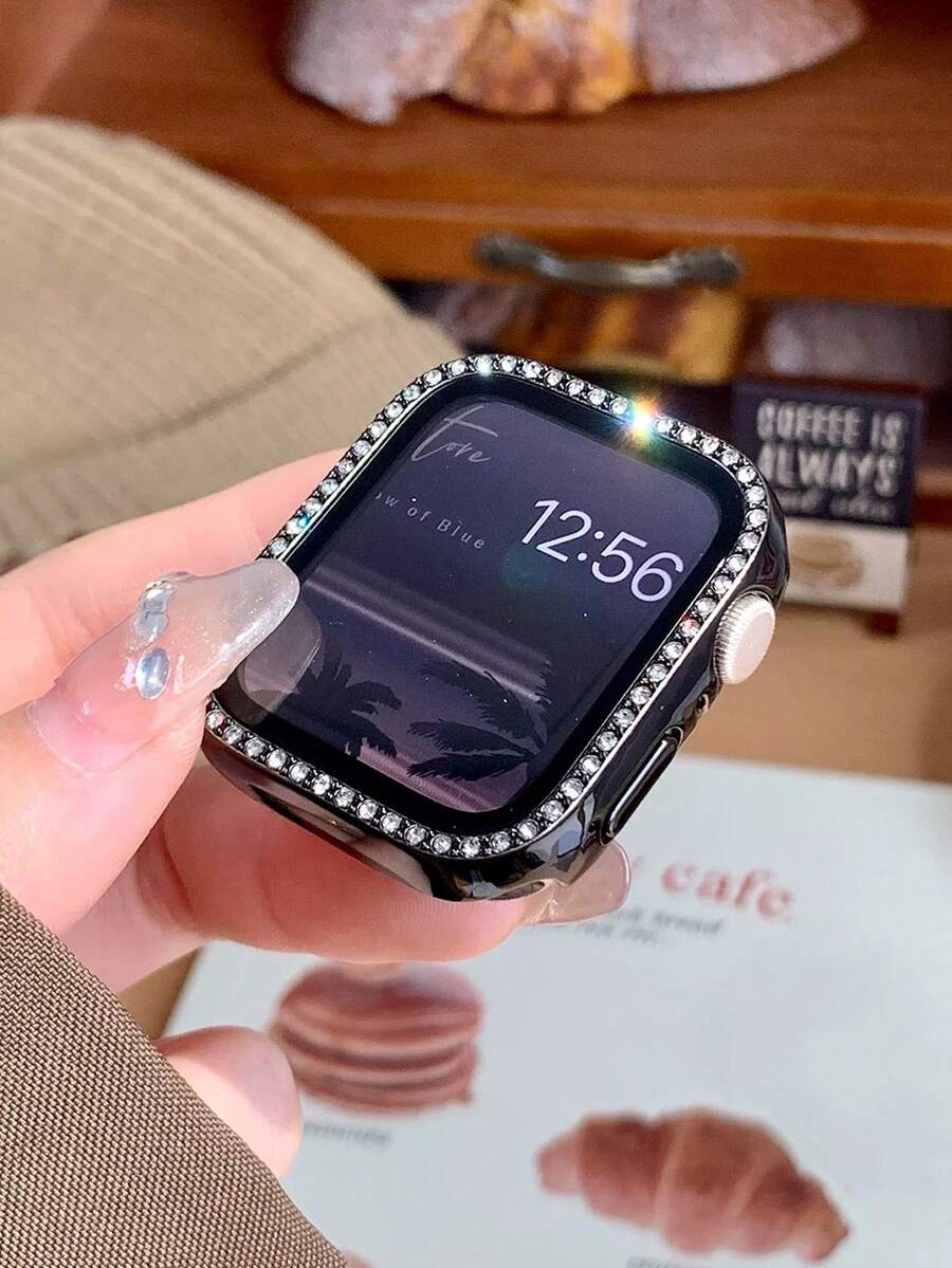1pc Women's Sparkling Rhinestone Decorated Fashionable Anti-Drop 2-In-1 Ultra-Thin Tempered Glass Screen Protector Watch Case, Compatible With Apple Watch 40/41/42/44/45/46/49mm, Compatible With Apple Watch Series Ultra/SE/11/10/9/8/7/6/5/4, Smart Watch Case Accessory