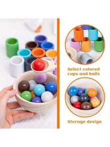Rainbow Ball Cup Toy, Preschool Wooden Matching Game, Learning Color Sorting And Counting, Fine Motor Early Education Toy, Random Color - Multicolor - View 6