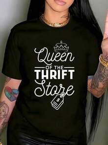 Queen Of The Thrift Store, Thrifter And Thrifting Women's Plus Size T-Shirt Funny Oversized Graphic Short Sleeve 1 Pcs Tee Novelty Crew Neck Top 100% Polyester Shirt Casual 220g - 黑色 - 查看 1