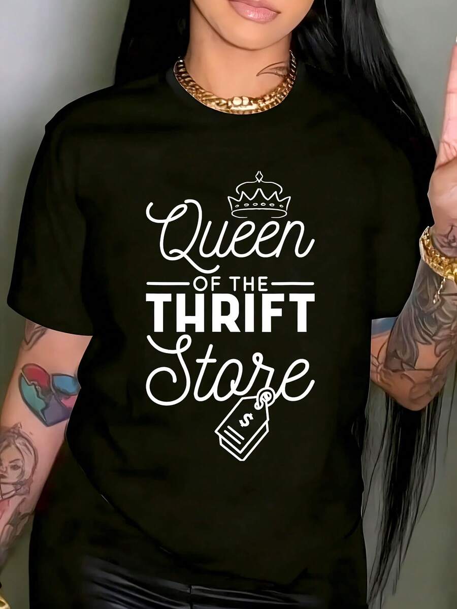 Queen Of The Thrift Store, Thrifter And Thrifting Women's Plus Size T-Shirt Funny Oversized Graphic Short Sleeve 1 Pcs Tee Novelty Crew Neck Top 100% Polyester Shirt Casual 220g - 黑色 - 查看 1