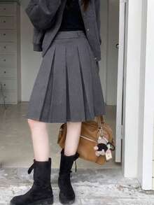 女士新款美式灰色羊毛褶裥A字裙，秋冬修身款 - 灰色 - 查看 3