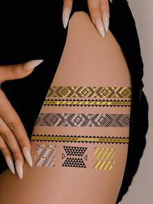 2 Sheets Body Art Temporary Tattoos Suitable For Women Or Men, Gold Foil Tattoos, European And American Style Geometric And Eye Patterns, Waterproof Fake Tattoos, Lasting 2-5 Days, Can Be Used On Hands, Arms, Neck, Shoulders, Chest, Waist, Legs, And Back, Suitable For Festivals, Parties, Gifts, Vacations, Music Festivals,Body Decoration. - Multicolor - View 3