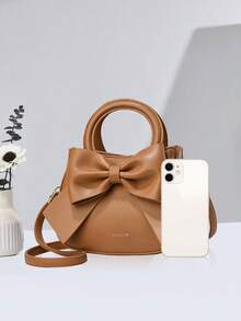 Solid Color Women's Handbag With Elegant Bow Detail, Classic Shoulder Bag Suitable For Students, Teachers, Office Ladies, Adjustable Strap - Very Chic - Brown - View 4