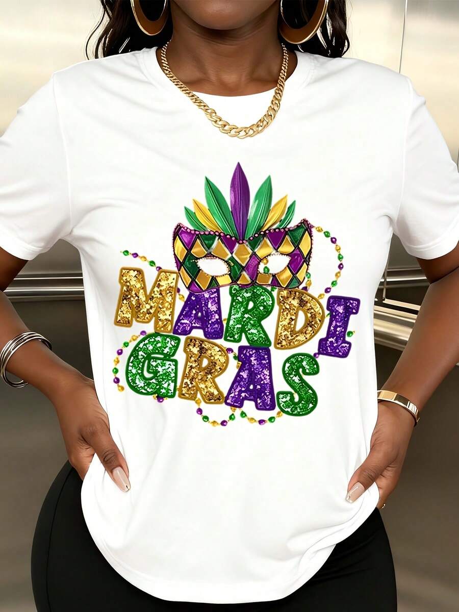 Women's T-Shirts Mardi Gras Mask Beads Colors Suitable For Parties, Birthdays, Christmas, New Year's Gifts, Valentine's Day,Easter, St. Patrick's Day, And Everyday Wear. - 白色 - 查看 1