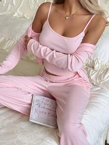 GAOVOT Women's Three Pieces Autumn/Winter Home Casual Sweet Halter Vest And Cardigan Top And Loose Wide Leg Straight Pantsuit - Pink - View 6