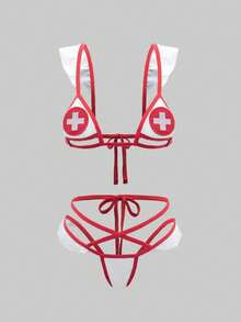 2pcs Women's Sexy Red And White Nurse Costume Lingerie , Bra With Flutter Sleeves, Low-Rise Pants, Soft Stretch Fabric, Sultry & Playful Style, Ideal For Bedroom Role - Play And Halloween Parties - Red and White - View 1