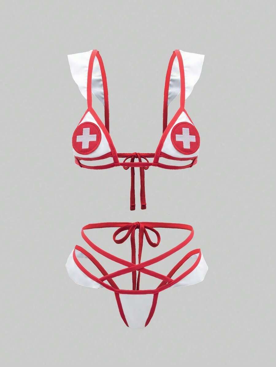 2pcs Women's Sexy Red And White Nurse Costume Lingerie , Bra With Flutter Sleeves, Low-Rise Pants, Soft Stretch Fabric, Sultry & Playful Style, Ideal For Bedroom Role - Play And Halloween Parties - Red and White - View 1