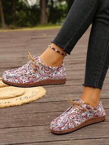 Women's Casual Floral Printed Moccasins, Soft Bottom Non-Slip Lace-Up Loafers, Versatile Outdoor Fashion Flats, Spring/Autumn - Pink - View 6