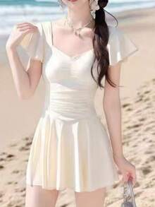 新款时尚连体泳衣，收腹提臀，设计保守，适合游泳、沐浴、学生假期穿着 - 白色 - 查看 2