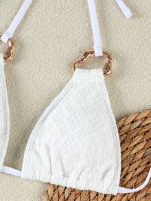 白色女士优雅蕾丝三件套泳衣，饰有金属吊坠，性感时尚，适合2026春夏海滩度假穿着，完美适用于夏季海滩之旅、度假、生日装扮、健身服和日常外出。 - 白色 - 查看 5