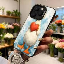Cubierta de telefono con diseño de pato blanco sosteniendo corazon rojo estilo acuarela para funda protectora con borde negro ideal para amantes de animales y regalos romanticos Aplicable a los teléfonos de la serie Apple y Galaxy - Negro - Ver 6