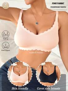 2pcs Women's Intimate Apparel, Skin-Friendly Lift & Support Bras, Romantic French Casual Comfortable Minimalist Mature Charm Breathable Wireless Bras, Women's Base Layer French Style Elegant English Strap Anti-Sagging Bras - Multicolor - View 7
