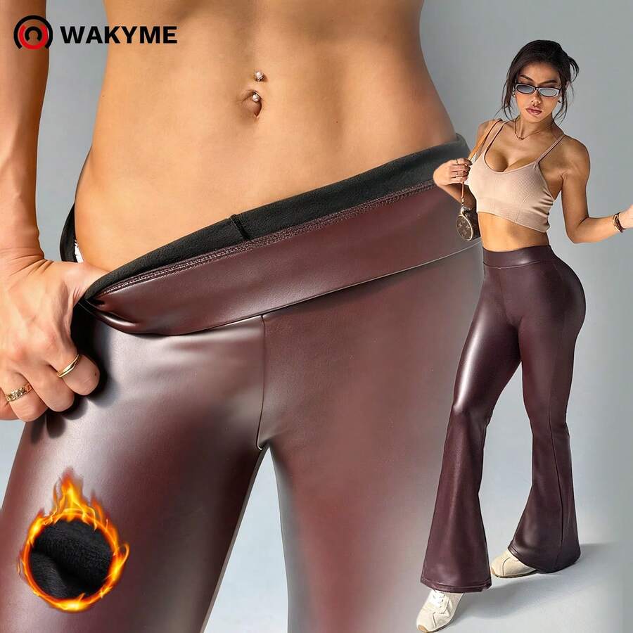 WAKYME High Waist Shiny PU Leather Wide Leg Pants, Thermal Lined, Flared, Versatile For Party, Commute, Music Festival, Vacation, Casual Wear, Autumn/Winter, Elongating & Slimming
