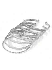 7pcs/Set Exaggerated Personalized Hammered Hexagram Twist Open Bangle Bracelet - Silver (7pcs) - View 4