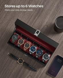 Watch Box With 6 Slots, Watch Case With Glass Lid, Watch Display Box With Removable Watch Pillows, Metal Clasp, Gift Idea, Black Synthetic Leather, Wine Red Lining - Red - View 3