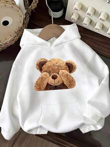 Sudadera de mujer con estampado de oso cubierto Adorable sudadera con capucha y bolsillos con estampado de osito Doodle. Sudadera con cordón cálida y cómoda. Sudadera con capucha informal de color liso para mujer. - Blanco - Ver 4