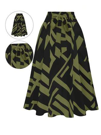 复古几何艺术印花高腰系带A字裙，黑绿配色，修身显瘦，百搭实用，适合工作、约会、日常穿着，千禧风格，春季、夏季、海滩、情人节皆宜。