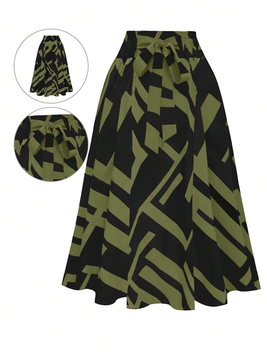 Chân váy chữ A cạp cao thắt eo họa tiết hình học cổ điển, màu đen và xanh lá cây, tôn dáng, đa năng, phù hợp đi làm, hẹn hò, mặc hàng ngày, phong cách thiên niên kỷ, thích hợp cho mùa xuân, mùa hè, đi biển, ngày Valentine. - Màu xanh Ô liu - Xem 1