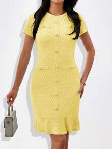 Unadoll 女士春季圆领短袖连衣裙，带假口袋和装饰纽扣，优雅时尚，适合派对、约会、通勤、生日、情人节等场合。 - 黃色 - 查看 8