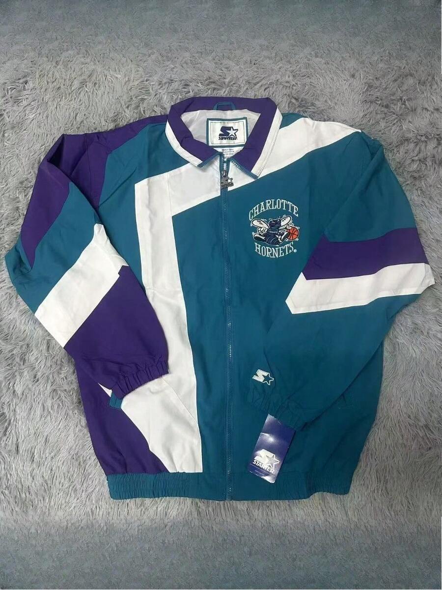 Vintage Basketball Training Men's Color-Block Zip-Up Jacket With Team Logo Print, Casual Athletic Track Outerwear - 薄荷藍 - 查看 1