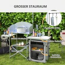 Outsunny Camping Klappbar Mit UV-Schutz And Windschutz, Outdoor Küche Mit 3 Arbeitsplatten Und Schränkfach, Aluminum Lichtständer - 銀色 - 查看 4