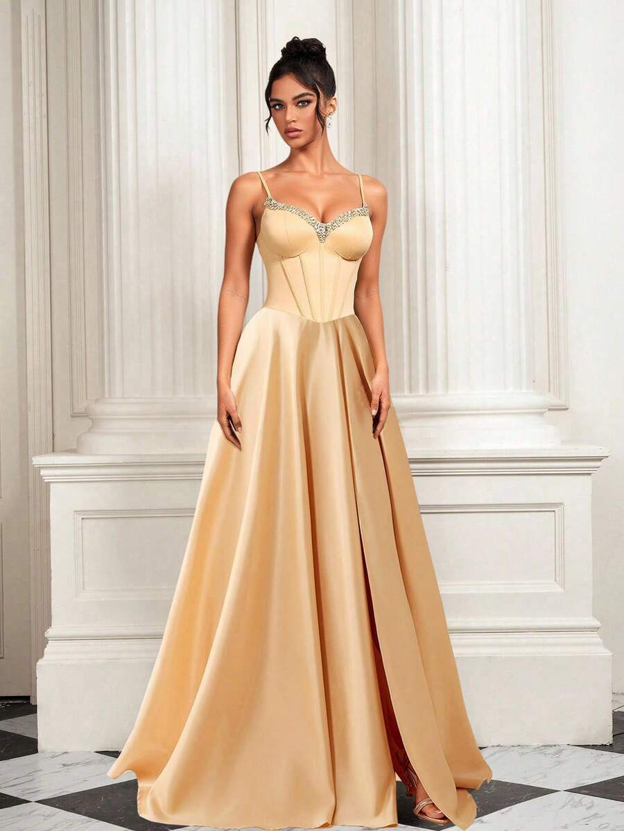 Elisanya Affascinante abito lungo nero con spalline sottili e spacco alto, impreziosito da cristalli decorati a mano, adatto come abito da festa elegante, abito da sera formale, abito da invitata a matrimonio, appropriato per cerimonie di laurea, banchetti, abbigliamento formale - Champagne - Visualizzare 1