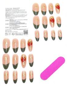 24-częściowy zestaw do francuskiego manicure 3D z podwójnym wzorem serca i miecza, z elementami złotego słońca 3D, czarne i bordowe paznokcie w kształcie migdałów, odpowiedni na Walentynki, Boże Narodzenie, jako prezent świąteczny lub na imprezę, zawiera żel żelowy i pilnik do paznokci - Złoto - Zobacz 5