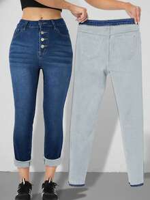 Winter Warm Thick Mid Waist Vintage Washed Elastic Skinny Jeans With Whisker Details Multiple Buttons - Blue - View 2