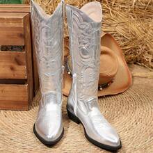 Women's Western Cowboy Boots – Mid Calf Cowgirl Embroidered Pointed Toe Chunky Heel Pull-On Knee High Boots For Fall & Winter, Comfortable Riding Boots - Bạc - Xem 7