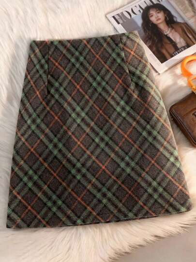 EARO 复古学院风加厚时尚格子羊毛迷你裙女高腰修身百搭保暖紧身 A 字格子裙秋冬