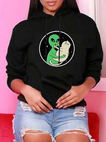 Women's Black Alien And UFO Pattern Hoodie - Cute Sci-Fi Print, Green Alien And Pink Kitten, Casual Pullover, Comfortable All Year Round, Washable, Suitable Theme Events And Daily Wear, Loose Fit With Drawstring Hood, Playful Design Of Alien Holding A, Soft Fabric Suitable All Seasons, Women's Autumn Clothing - 黑色 - 查看 3