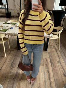 Jersey casual de manga larga, cuello redondo y hombros caídos, corte holgado para mujer HoloChill, nueva llegada 2026, apto para otoño/verano - Amarillo - Ver 8