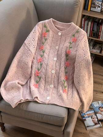JIANHU Vintage Floral Embroidery Cardigan For Women | Cream Cable Knit Sweater | Cozy Fall Winter Knitwear | Korean Style Soft Knit Top