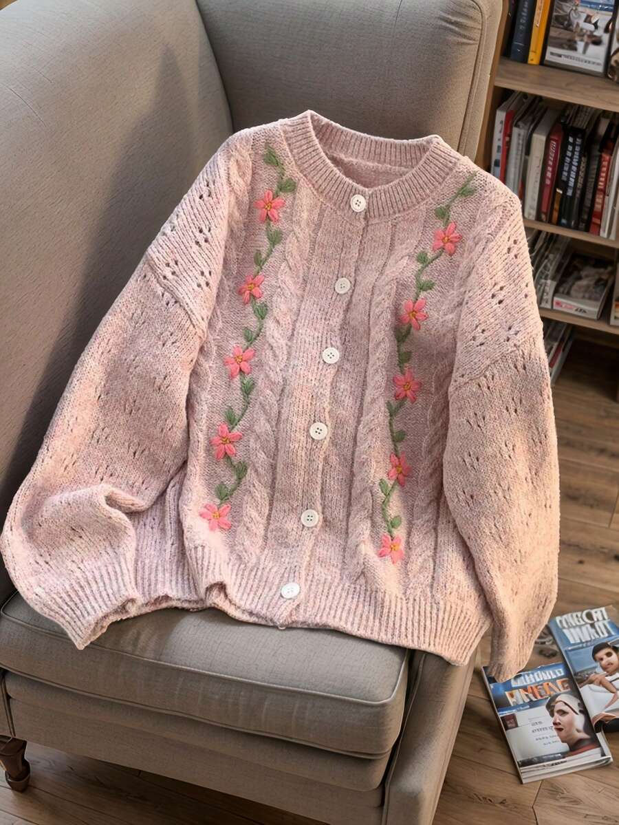 JIANHU Áo khoác cardigan thêu hoa cổ điển dành cho nữ | Áo len dệt kim màu kem | Áo len ấm áp mùa thu đông | Áo len mềm mại kiểu Hàn Quốc | Ấm áp và đa năng cho Giáng sinh, tiệc năm mới và trang phục hàng ngày - Hồng - Xem 1