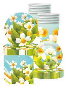 10pcs Printed Rustic Chrysanthemum Theme Birthday Party Supplies Set Disposable Paper Plates Paper Cups Tissue Paper Party Wedding Picnic Outing - Multicolor - View 1