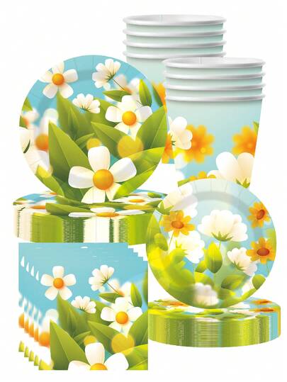 10pcs Printed Rustic Chrysanthemum Theme Birthday Party Supplies Set Disposable Paper Plates Paper Cups Tissue Paper Party Wedding Picnic Outing