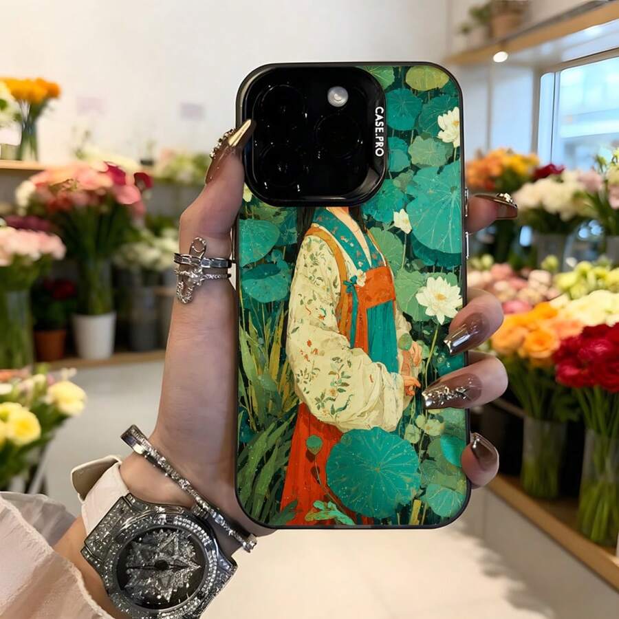 Cubierta de telefono con diseño de mujer en jardín verde y flores estampado Casepro para iPhone elegante uso diario y ocasiones especiales Aplicable a los teléfonos de la serie Apple y Galaxy - Blanco - Ver 1