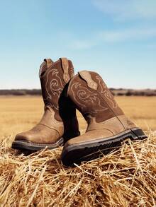 Men's Steel Toe Cowboy Boots: Western Square Toe Leather Work Boots With Hazard Protection For Construction And Farming - 深棕色 - 查看 1