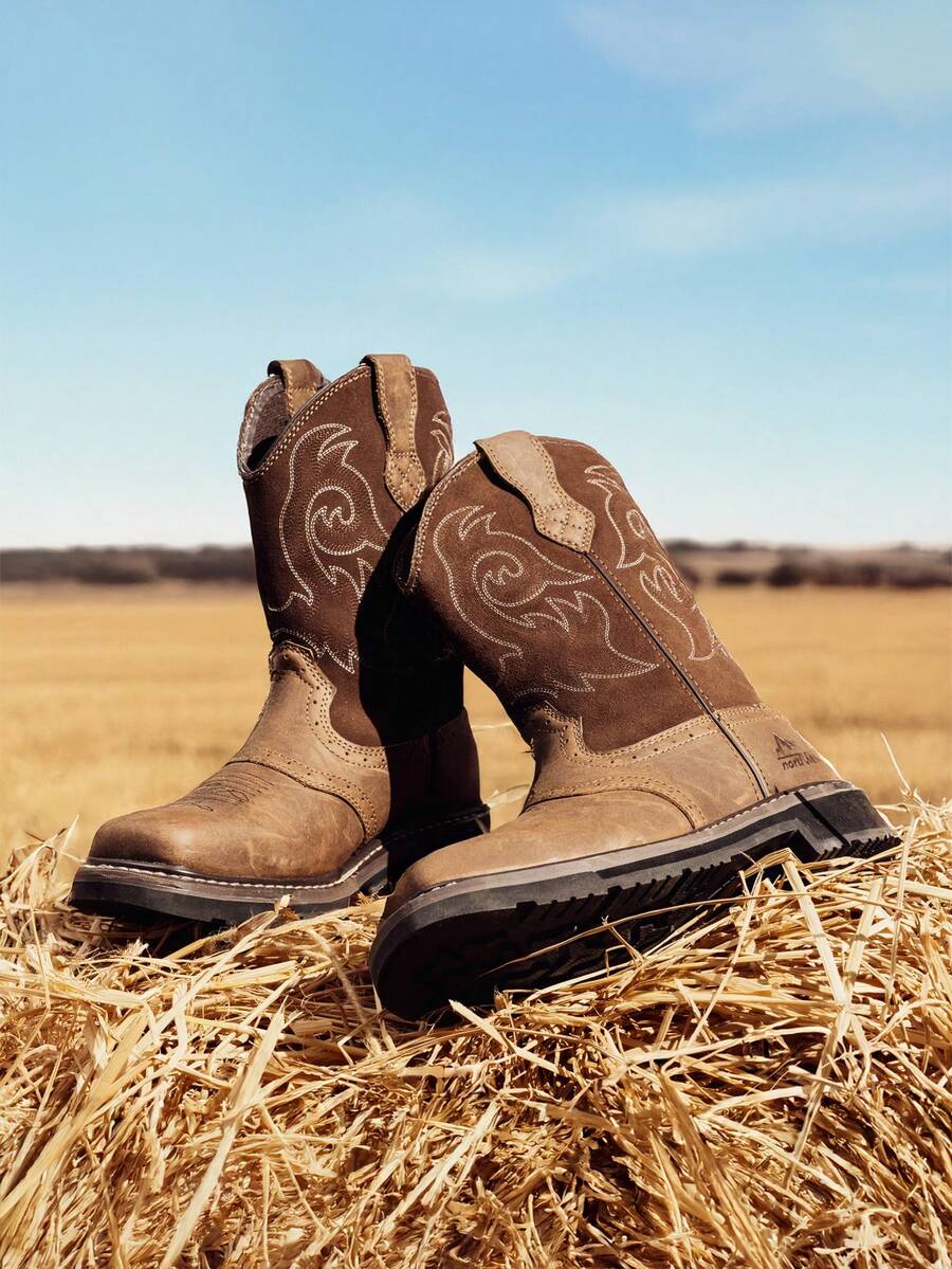 Men's Steel Toe Cowboy Boots: Western Square Toe Leather Work Boots With Hazard Protection For Construction And Farming - 深棕色 - 查看 1